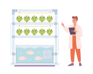 Hydroponics and aquaponics technology for plants growing. Vertical farming. Biologist grows plants. Smart farm. Vector illustration in flat style