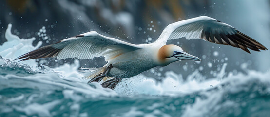 Graceful gannet bird gliding over ocean waves, wings spread wide, dynamic water splash background.