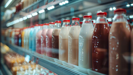 Dairy products on supermarket shelves.