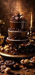 A cake with nuts and chocolates on a table, celebration of coffee products, chocolate art, decadent, smothered in melted chocolate