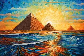 a painting of pyramids and water - obrazy, fototapety, plakaty