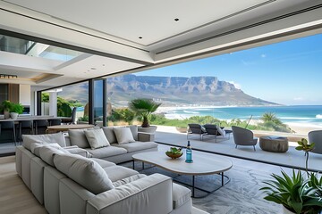 Fototapeta premium Modern contemporary luxury designer villa with high end furniture, potted plants, a table for four, glass walls, sophisticated decor & grey tones. Coastal living. Stunning sea & mountain views.