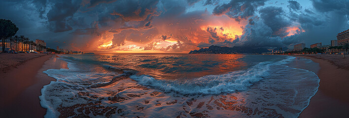 Panoramic view of a dramatic sunset over the ocean with clouds and reflections on the beach.