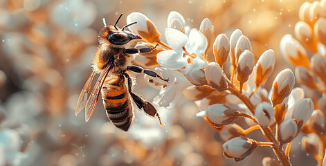 Honeybee collecting nectar from white flowers with a warm, golden sunlight background. - obrazy, fototapety, plakaty