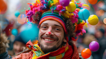 Man in colorful carnival costume smiling