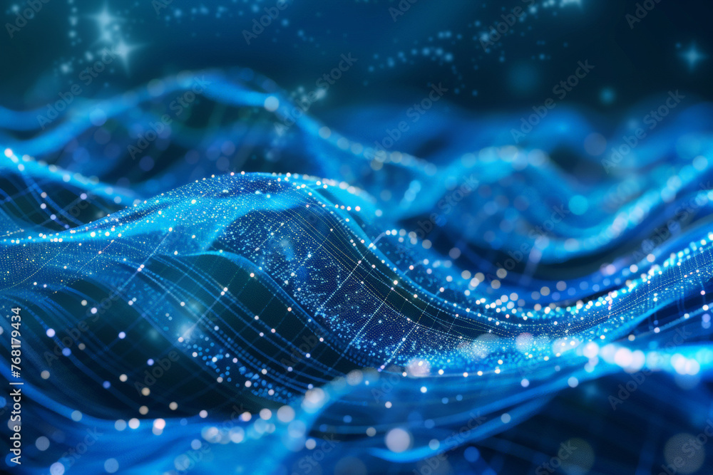 Poster Abstract blue background with glowing waves and dots in the style of digital technology, a futuristic concept. Information technology exchange. Digital data flow or internet connection.