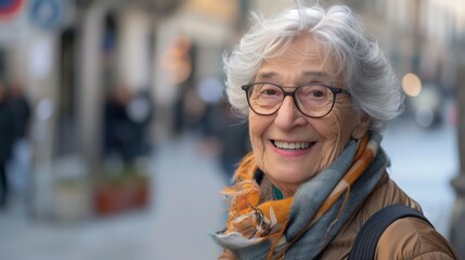Mujer mayor mirando a la cámara sonriendo - obrazy, fototapety, plakaty