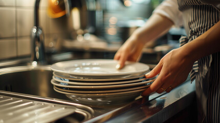 Close up portrait of pair of female hands holding a stack of clean plates on a kitchen counter sink, modern restaurant kitchen background - Powered by Adobe