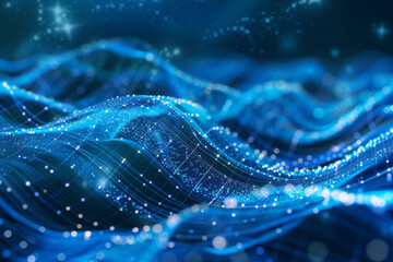 Abstract blue background with glowing waves and dots in the style of digital technology, a futuristic concept. Information technology exchange. Digital data flow or internet connection.