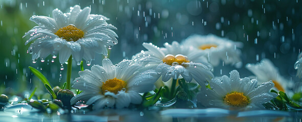 Daisies in rain - fresh white flowers with water droplets on petals, serene nature background.