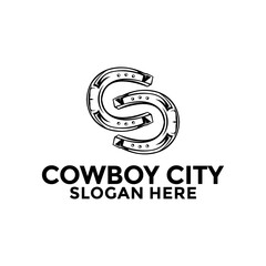 Fototapeta premium Letter C or CC or S Cowboy City logo or Cowboy Shoe logo in vintage style. The cowboy with horseshoe logo vector template