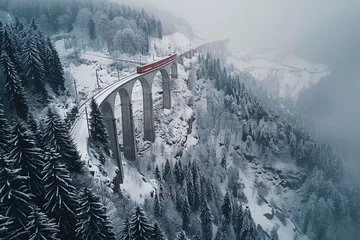 Lichtdoorlatende gordijnen Landwasserviaduct Majestic Journey Through the Swiss Alps  Aerial View of a Train Traversing the Landwasser Viaduct in Winter