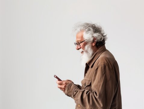 Hombre viejo usando un smartphone sobre fondo blanco