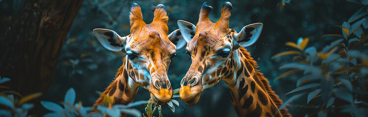 Two giraffes facing each other with affection, vibrant colors in a natural setting. - obrazy, fototapety, plakaty