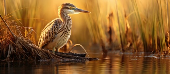 A Eurasian Bittern, blending with its brown natural surroundings, sits gracefully atop a log in a body of water. - Powered by Adobe