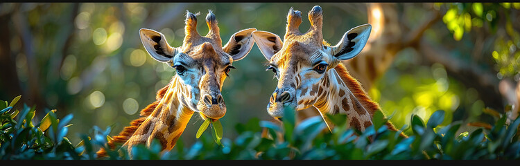 Two giraffes behind greenery, facing each other, natural light, vibrant colors.