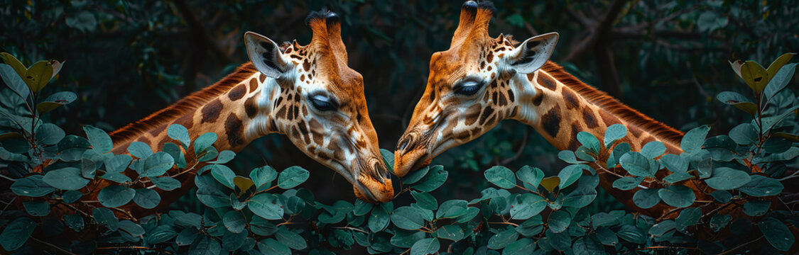 Symmetrical image of two giraffes facing each other amidst lush green foliage.