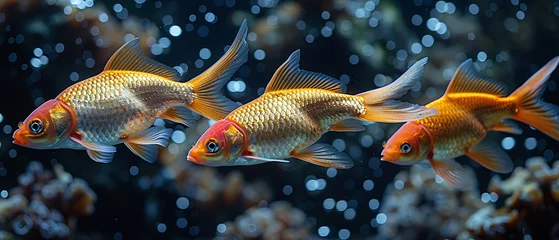 Fotobehang Three vibrant goldfish swimming in clear aquarium water with a bokeh background. © Gayan