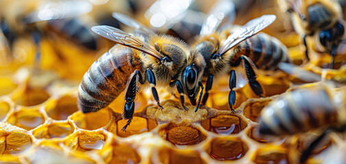 Honeybees on honeycomb, close-up view of bees at work in apiary, vibrant detail showing pollinators and honey production. - obrazy, fototapety, plakaty