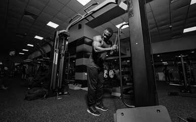Fototapeta premium Young bodybuilder working out at the gym. Athletic body with muscles training.