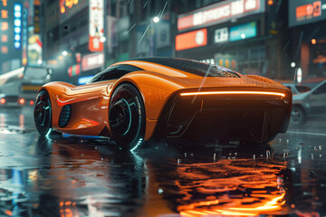 Orange futuristic car driving in the rain