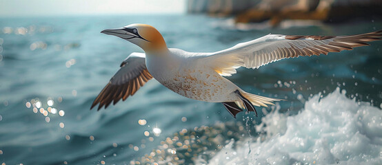 A majestic gannet bird in flight over a sparkling sea with coastal cliffs in the background.