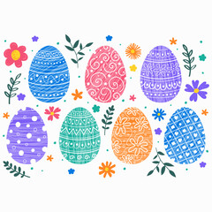 Easter poster. Background with hand painted egg and flowers. Vector illustration