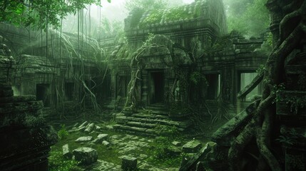 Obraz premium An ancient, abandoned temple overrun by nature, with intricate carvings and overgrown vines. Resplendent.