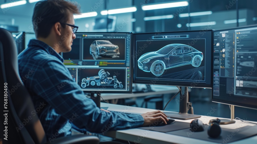 Poster a man sits at a desk with two computer monitors, using a personal computer and peripherals for engin