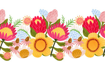 Pink big protea seamless border. Bright Australian flowers on white background. Hand drawn colorful floral print, summer decorative design, tropical mood, Hawaii botanical illustration