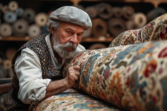 Amidst rolls of ornate fabrics, a skilled artisan sews elaborate patterns on a large traditional carpet