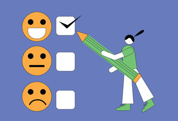 Customer satisfaction and feedback based on perceived experience. An abstract character is filling out a customer satisfaction survey
