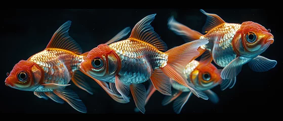 Fotobehang Vibrant goldfish swimming in formation against a dark background, showcasing their colorful scales and fins. © Gayan