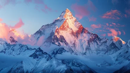 Cercles muraux Everest A mountain peak at sunset with orange sky.