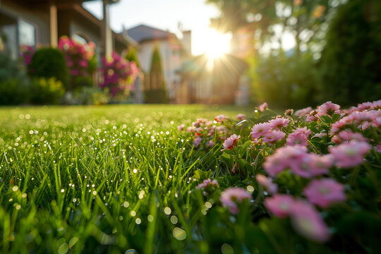 blurry image of the green lawn in the backyard. Flowers trimmed grass with dew drops and the rising morning sun.