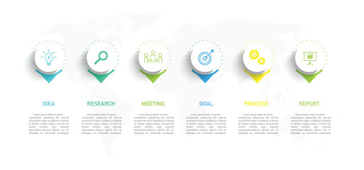 Business infographic thin line process with square template design with icons and 6 options or steps. Vector illustration. paper design vector.