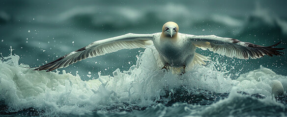 Majestic seagull taking off from stormy sea waves, with dynamic water splashes and moody lighting.