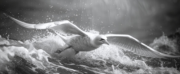 Monochrome image of a seagull in flight over turbulent sea waves, capturing the essence of freedom and the power of nature.