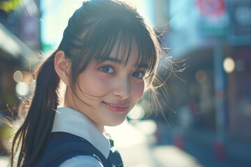 A close-up image of a beautiful girl in a school uniform