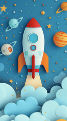 A rocket ship flying through space with planets and stars in the background, vector illustration, paper cut style, colorful, blue background, red orange white palette, simple shapes, children's book i
