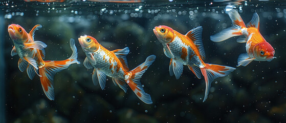 Group of elegant goldfish swimming gracefully in clear aquarium water. - Powered by Adobe