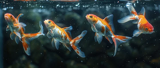 Fotobehang Group of elegant goldfish swimming gracefully in clear aquarium water. © Gayan