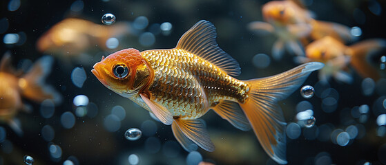Goldfish swimming in clear aquarium water with blurred fish in the background. - obrazy, fototapety, plakaty