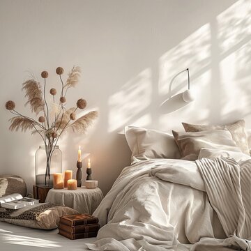 White bedroom interior concept with fabric bed and home decor. Scandinavian interior design. Generative AI