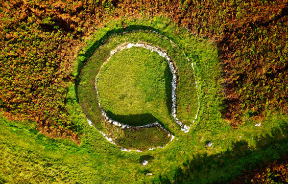 Holyhead Mountain Ty Mawr Hut Circles. Prehistoric stone house foundation in settlement dating Neolithic to Iron Age. Anglesey, Wales. Birds eye view
