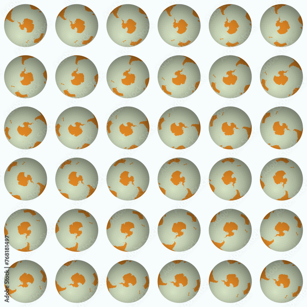 Aufkleber collection of planet globes. south pole sphere view. rotation step 10 degrees. solid color style. wo