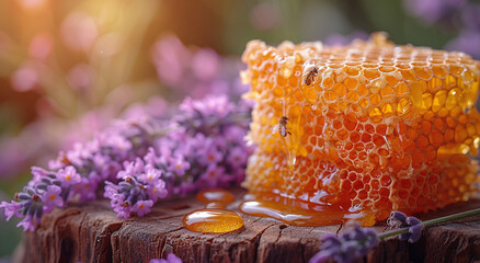 Fresh honeycomb and lavender flowers on a wooden surface with bees and honey drips.