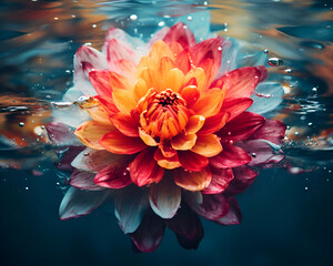 Colorful water lily flower with reflection on the water surface. - obrazy, fototapety, plakaty