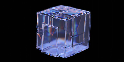 Abstract dispersion glass cubic shape on black background. Crystal box. 3d rendering