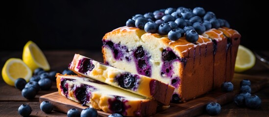 A cake topped with blueberries and lemon slices rests on a wooden cutting board. The cake is moist with blueberries bursting, and lemon slices add a touch of tanginess.